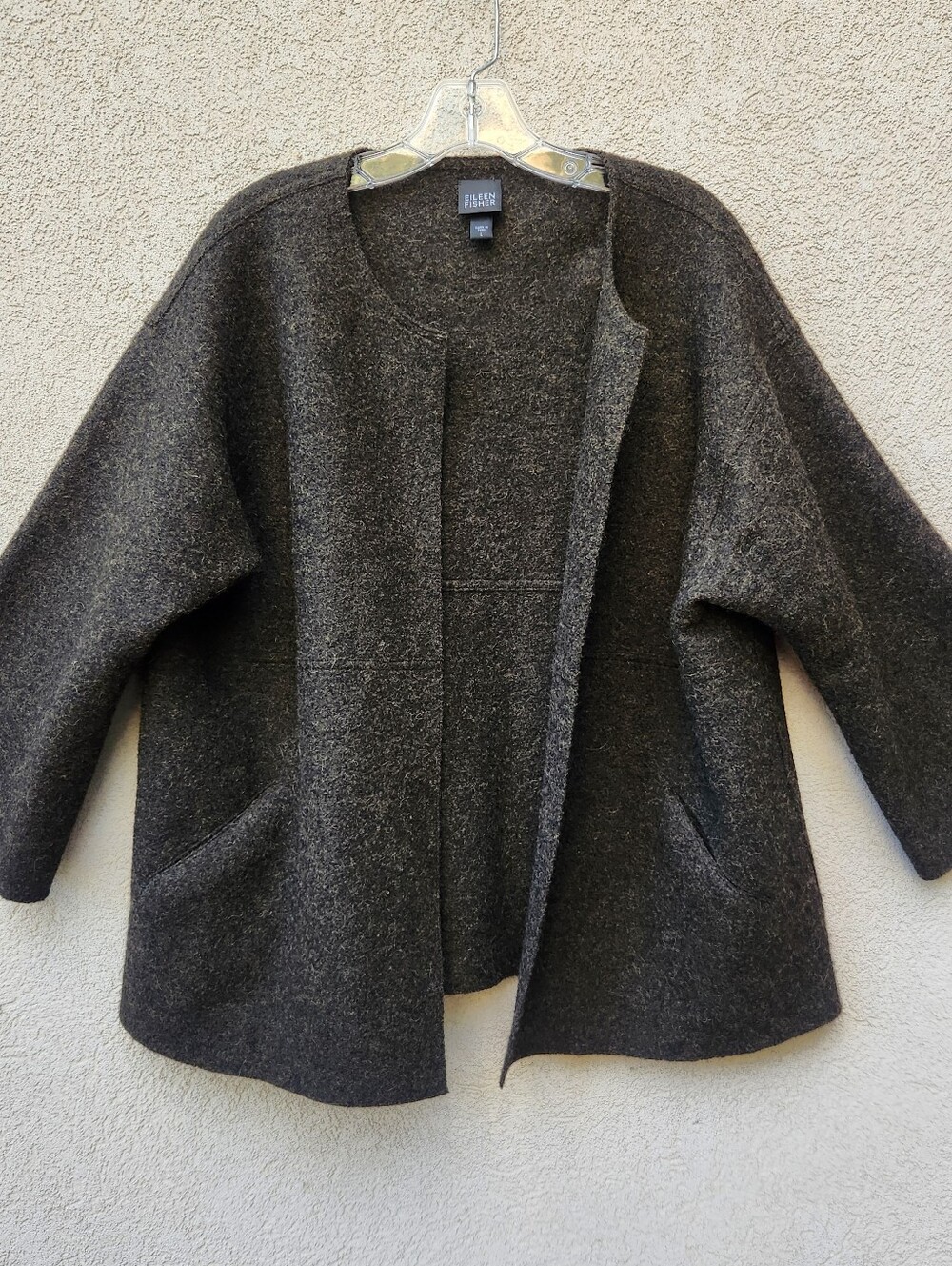 EILEEN FISHER Women's Open Front Jacket Large Green Alpaca Wool Quiet Luxury